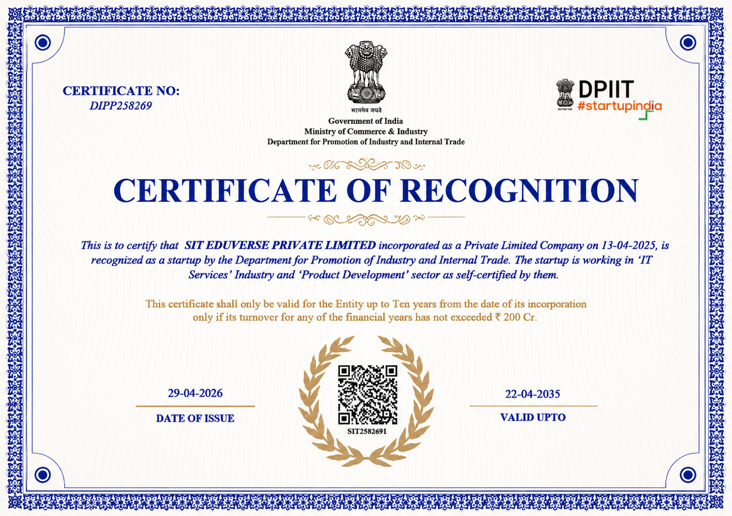 DPIIT Certificate of Recognition · DIPP258269