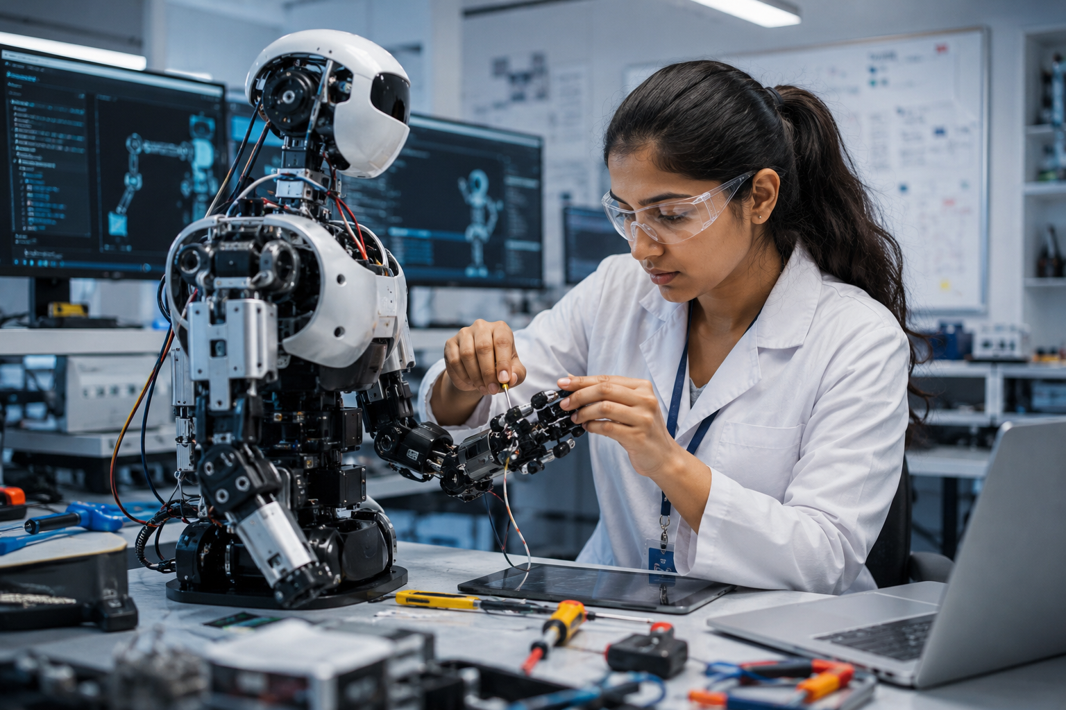 Students assembling hands-on robotics kits