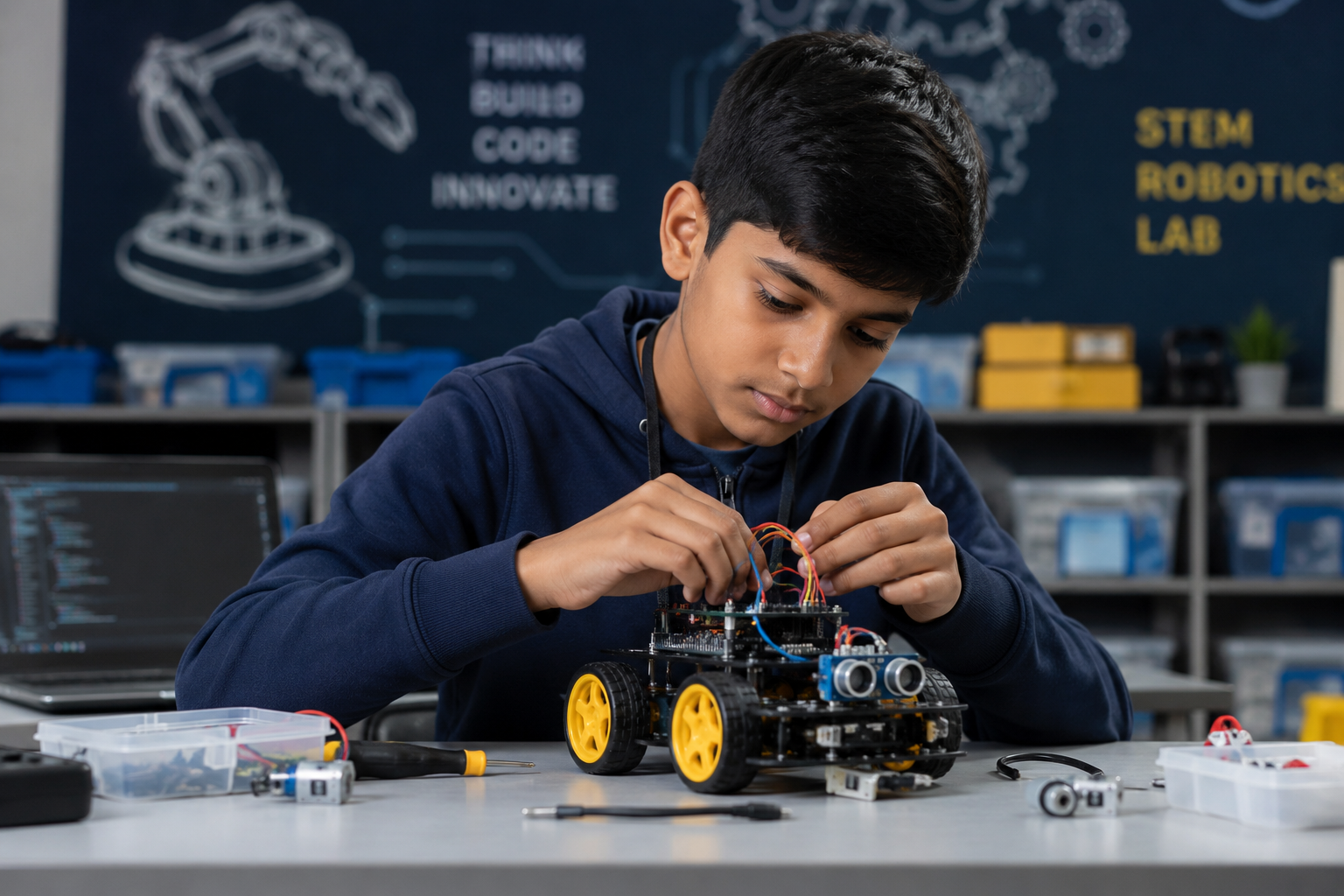 Students building a robot