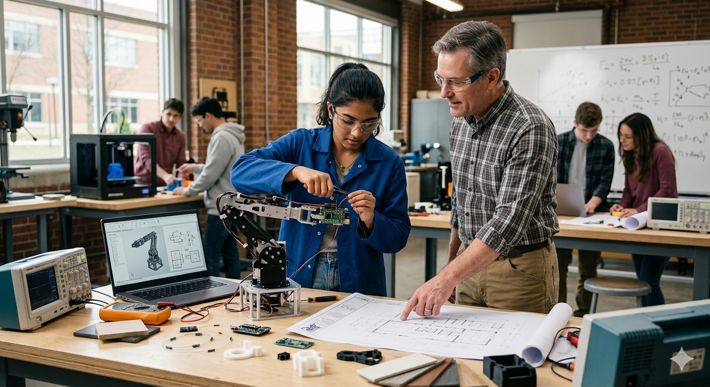 Students taking guidance from their robotics mentor